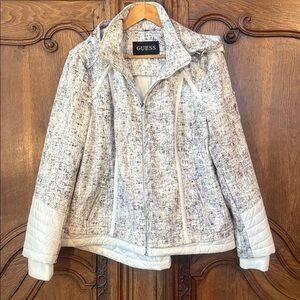 Guess Coat Womens White Grey Speckled Hooded Jacket Warm Full Zip Moto